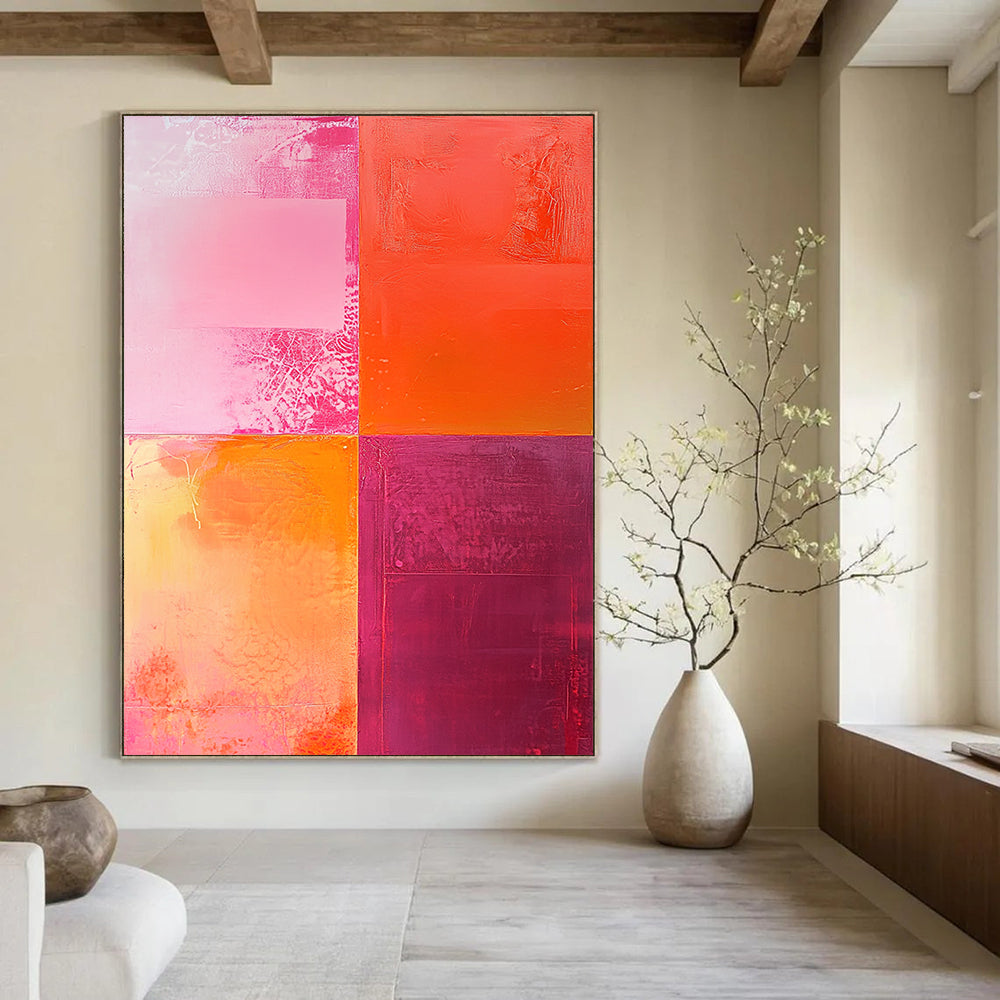 Contemporary hand-painted abstract artwork featuring textured shades of pink and orange with a striking central light red square and dynamic color interplay. DLZ1265