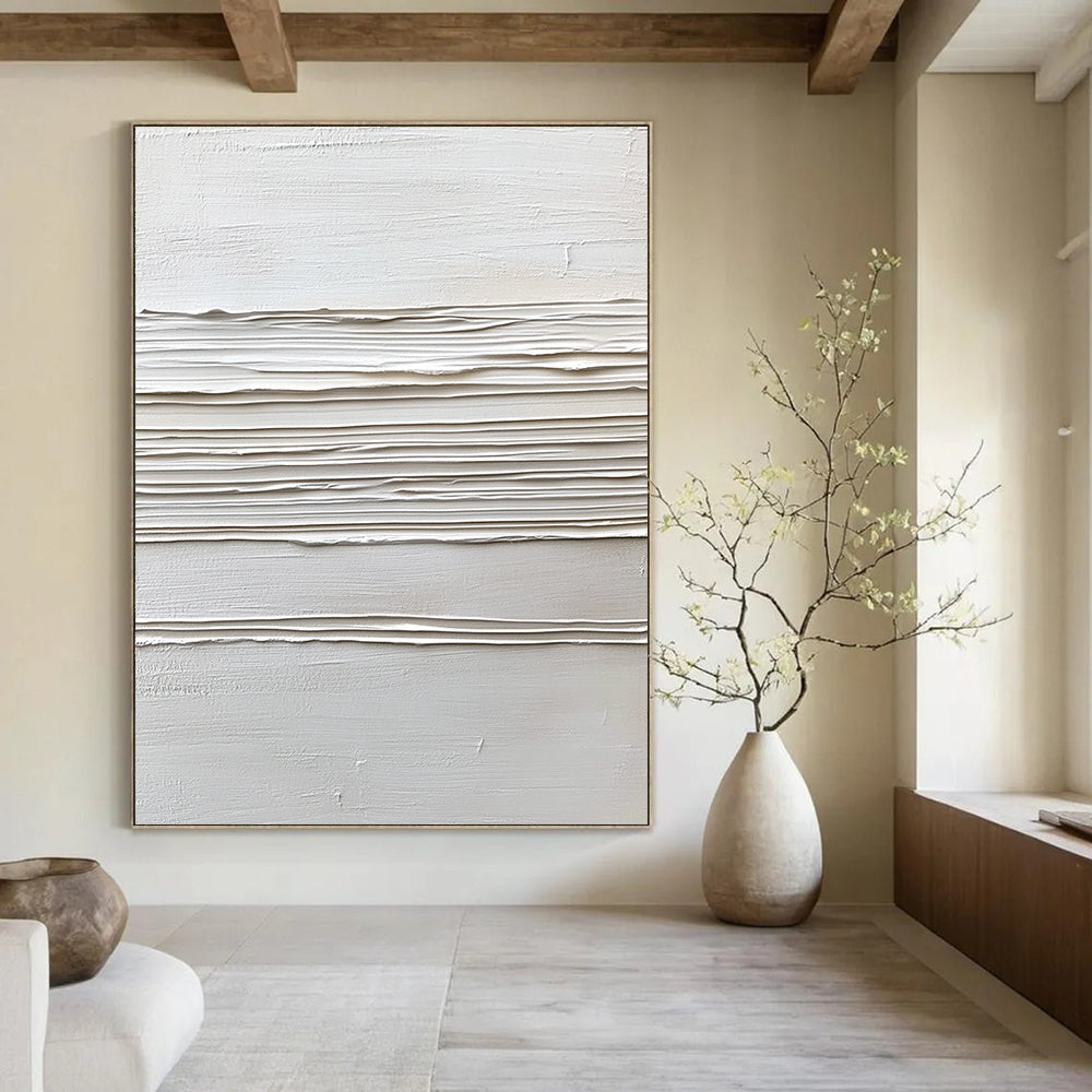 Contemporary abstract artwork featuring a white background with textured cream lines, celebrating minimalist style and dynamic brushstrokes in thick impasto. DLZ1738