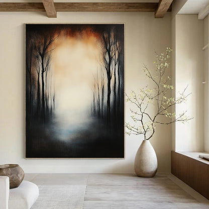 Large contemporary hand-painted abstract artwork featuring a forest of dead trees under eerie fog with a glowing sky and a mysterious blurred effect. DLZ1264
