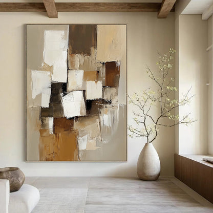 Large contemporary hand-painted abstract artwork featuring beige and white blocks with thick brush strokes in muted earthy tones for a calming and elegant ambiance DLZ0975