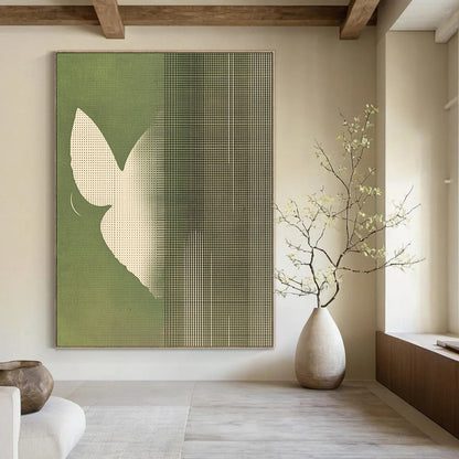 Contemporary abstract art featuring minimalist butterfly wings in white against a muted green striped background creating a serene and harmonious atmosphere. DLZ1641