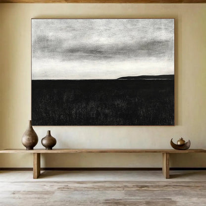 “Monochrome Sea & Sky Horizon” - Black, White, Calm Sea Painting On Canvas HB0797