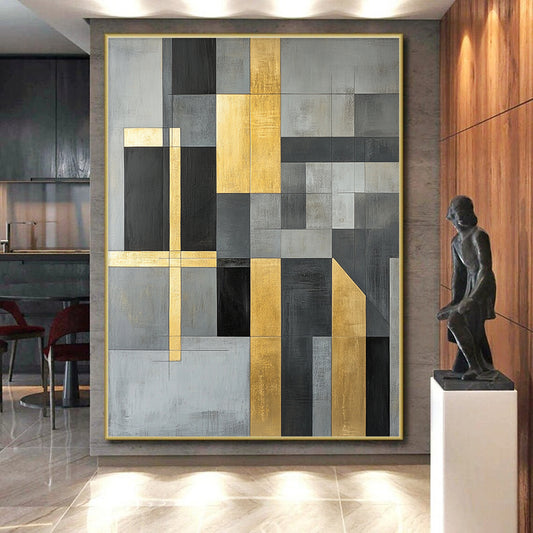 Gray, Black, Gold and White Geometric Composition "Timeless Structure" Painting On Canvas HB354