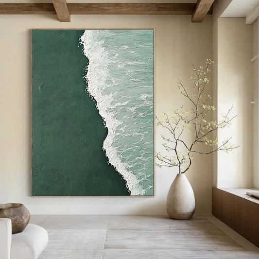 Contemporary hand-painted abstract artwork depicting a serene clash of dark green and light white ocean waves with intricate designs and a cool backdrop. DLZ1183