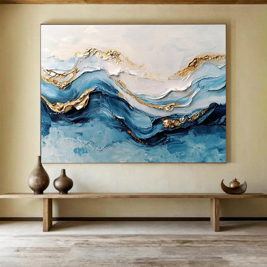 “3D Textured Wave Art” - Blue, White, Gold, 3D Textured Wave Painting On Canvas HB0972