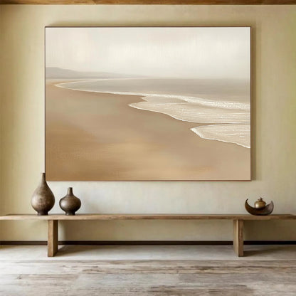“Neutral Toned Beach Serenity” - Beiges, Whites, Subtle Browns, Calm Beach - Oil Painting HB1618