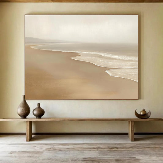 “Neutral Toned Beach Serenity” - Beiges, Whites, Subtle Browns, Calm Beach - Oil Painting HB1618