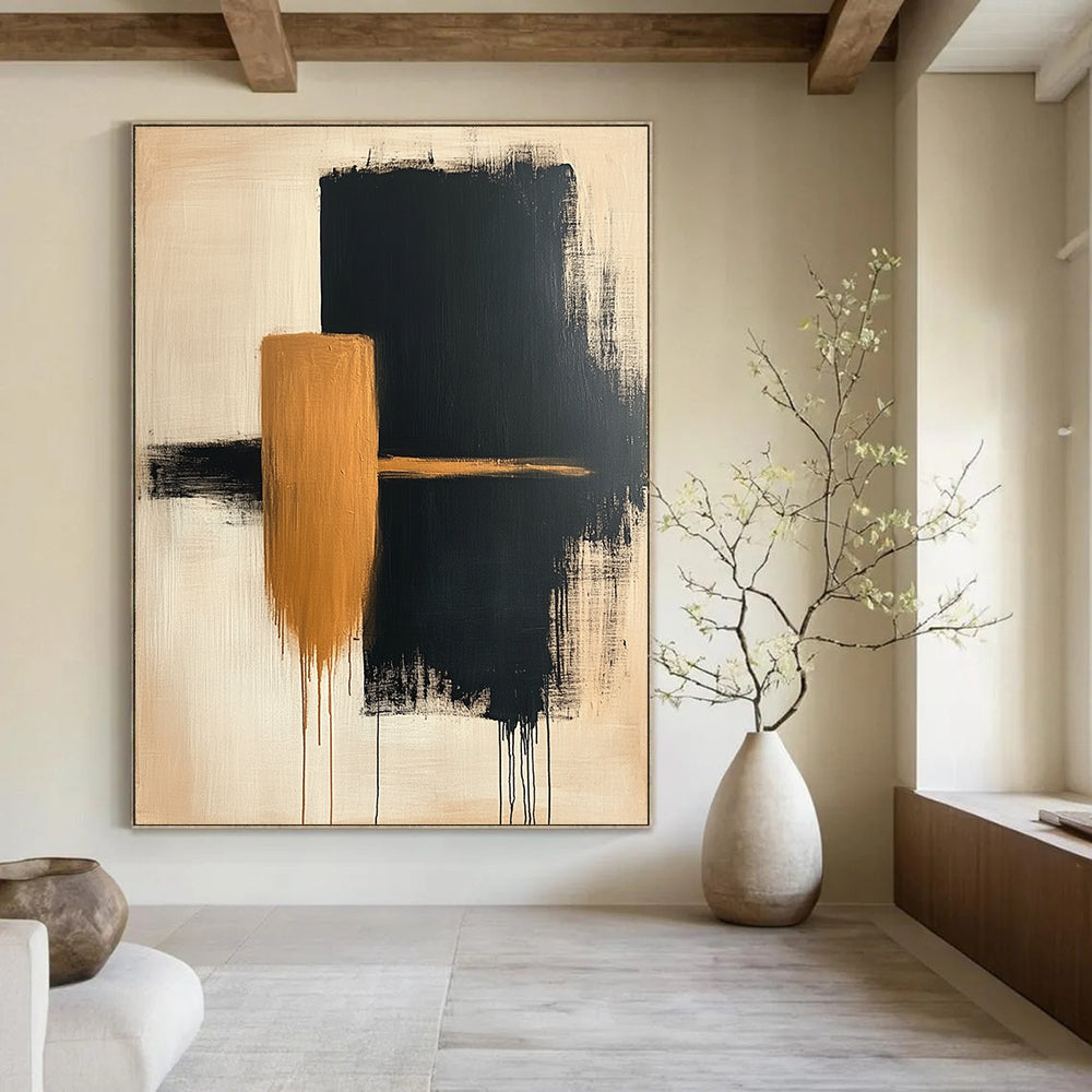 Contemporary hand-painted abstract artwork featuring simple beige and black shapes on canvas with a textured finish. DLZ0533