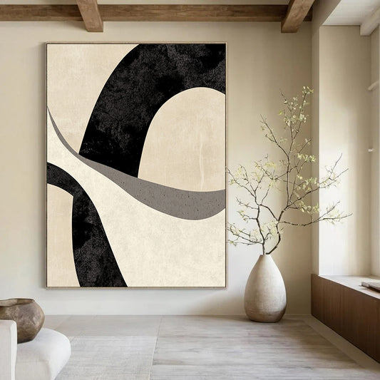 Contemporary abstract art featuring a fluid black and white "F" design on a beige background, evoking movement and a dreamy atmosphere. DLZ1221