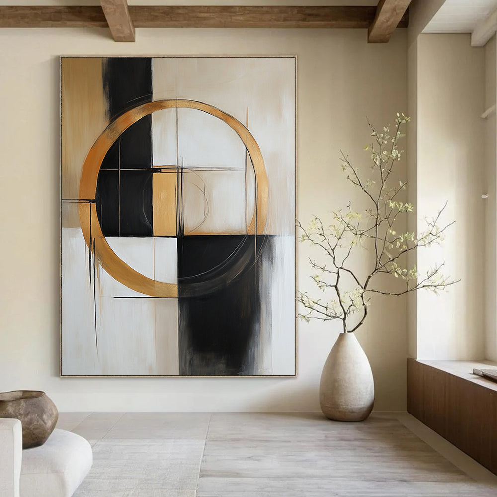 Contemporary hand-painted abstract art featuring shapes and lines in beige, white, black, grey, and gold with a prominent central circle. DLZ0893