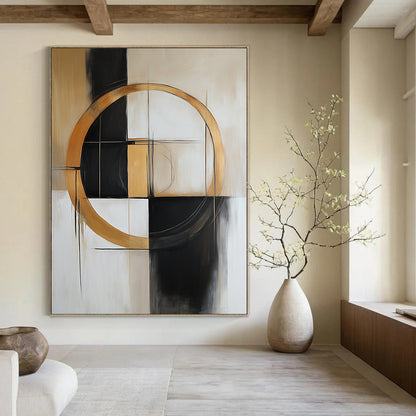 Contemporary hand-painted abstract art featuring shapes and lines in beige, white, black, grey, and gold with a prominent central circle. DLZ0893