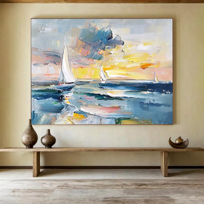 “Colorful Sailboat Sunset” - Blues, Yellows, Oranges, Abstract Sailboat Scene - Impasto Oil Painting HB1722