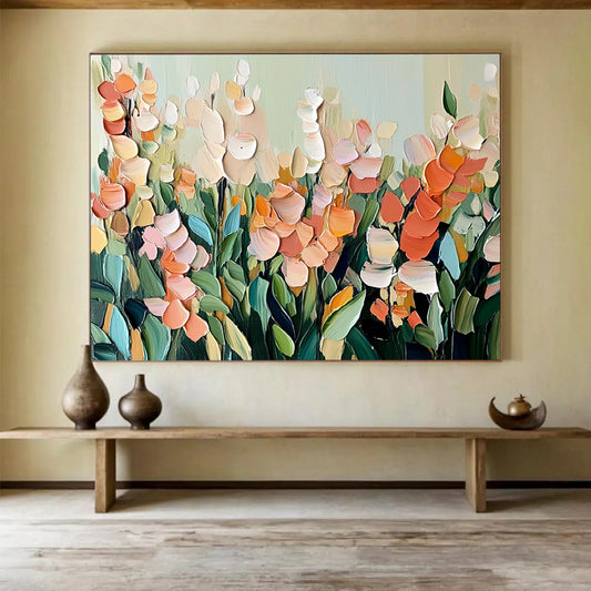 “Soft - Toned Floral Field” - Muted Palette, Layered Floral Landscape Painting On Canvas HB0878