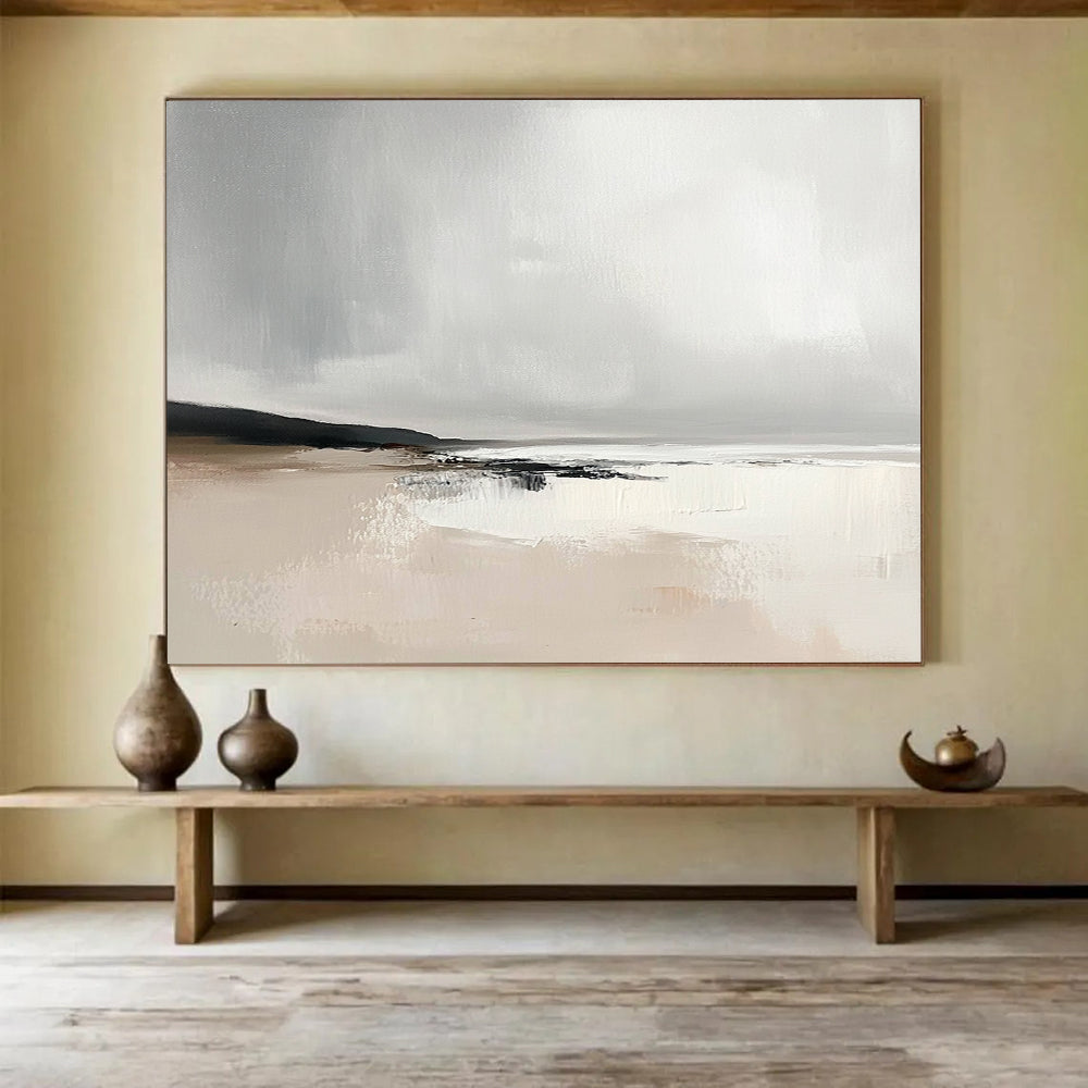 Gray and Beige Abstract Beach Scene - “Misty Shore” Painting On Canvas HB1460