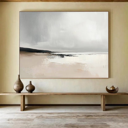Gray and Beige Abstract Beach Scene - “Misty Shore” Painting On Canvas HB1460