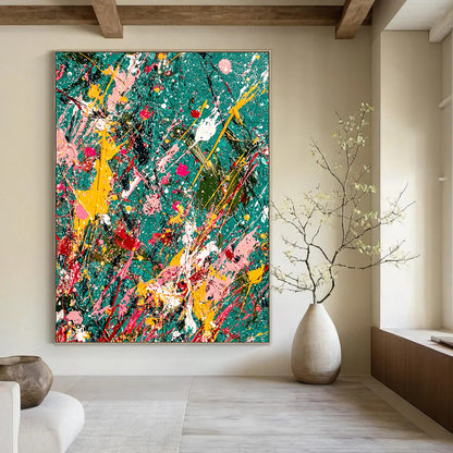 Vibrant contemporary abstract painting featuring splattered paint and glitter on a teal canvas with jungle-green background symbolizing creativity in chaos. DLZ1177