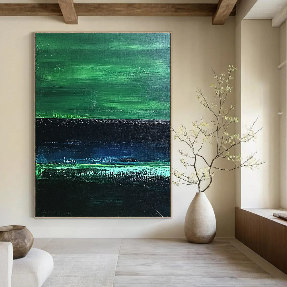 Contemporary abstract painting features textured dark greens and a serene emerald band, evoking calmness reminiscent of dimly lit water reflections. DLZ1242