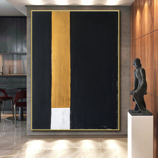 Black, Gold, White, Vertical Stripes "Elegant Divide" Abstract Modernist Painting On Canvas HB113