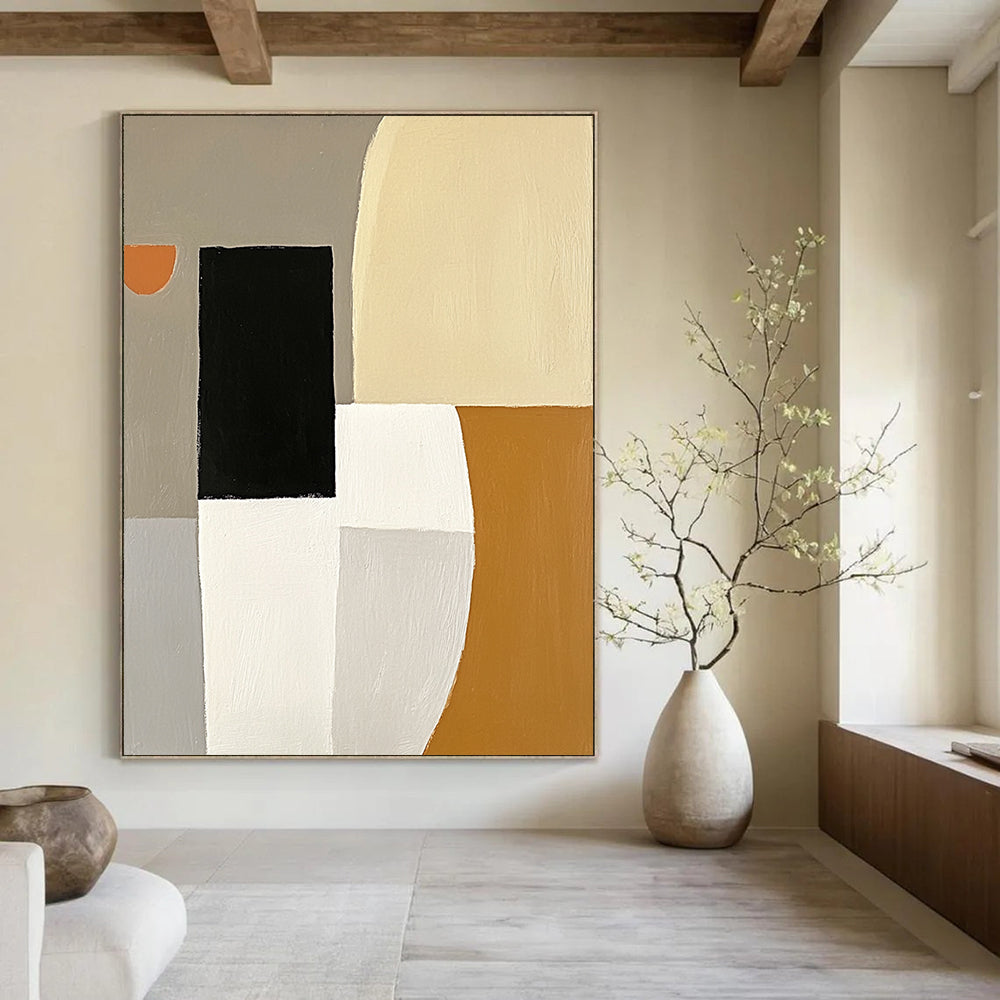 Contemporary hand-painted abstract artwork featuring white and gray shapes, a black square, an orange element, and a simple form in the top left corner. DLZ0932