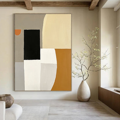 Contemporary hand-painted abstract artwork featuring white and gray shapes, a black square, an orange element, and a simple form in the top left corner. DLZ0932