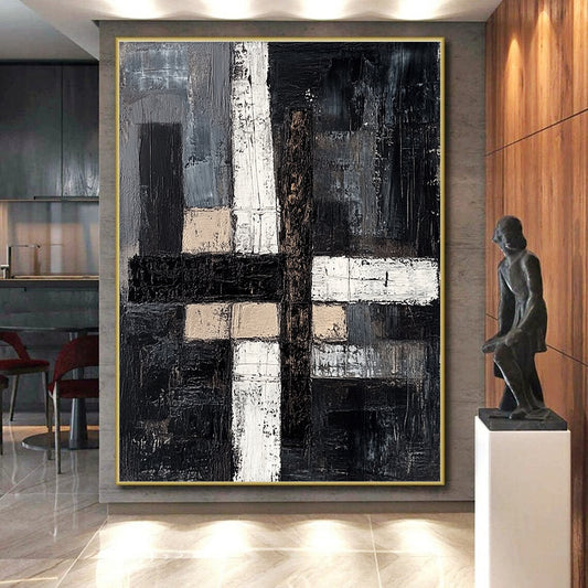 Black, Gray, Beige, White with Textured Blocks "Subtle Stories" Abstract Painting On Canvas HB007