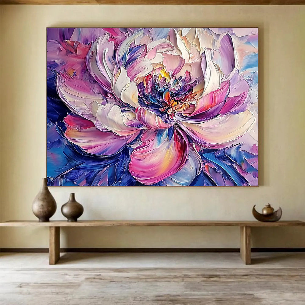 Colorful Layered Peony Flower - Expressive Floral Impasto Painting On Canvas HB0448
