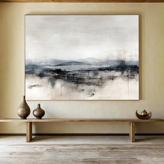 “Monochrome Misty Landscape” - Gray, Black, White, Abstract Landscape Painting On Canvas HB1109