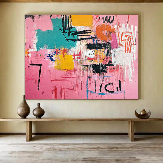 “Pink Abstract with Drips” - Pink, Colorful Shapes, Black Drips, Text - Painting On Canvas HB1434