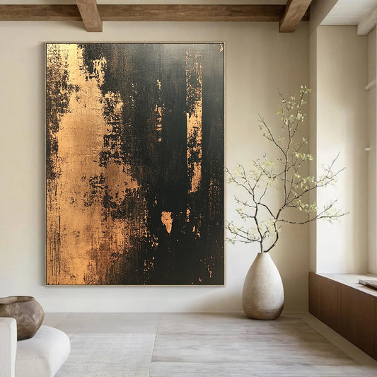 Contemporary hand-painted abstract artwork featuring distressed textured wallpaper in dark tones with gold accents creating a vintage modern aesthetic. DLZ1437