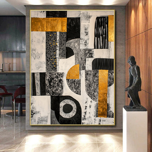 Black, White, Gray, Gold and Yellow Geometric Collage "Vibrant Mosaic" Painting On Canvas HB377