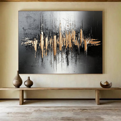 “Gold - Black Soundwave Textures” - Black, Gold, Soundwave Shapes Painting On Canvas HB0804