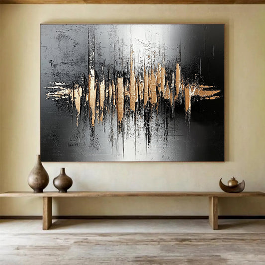 “Gold - Black Soundwave Textures” - Black, Gold, Soundwave Shapes Painting On Canvas HB0804