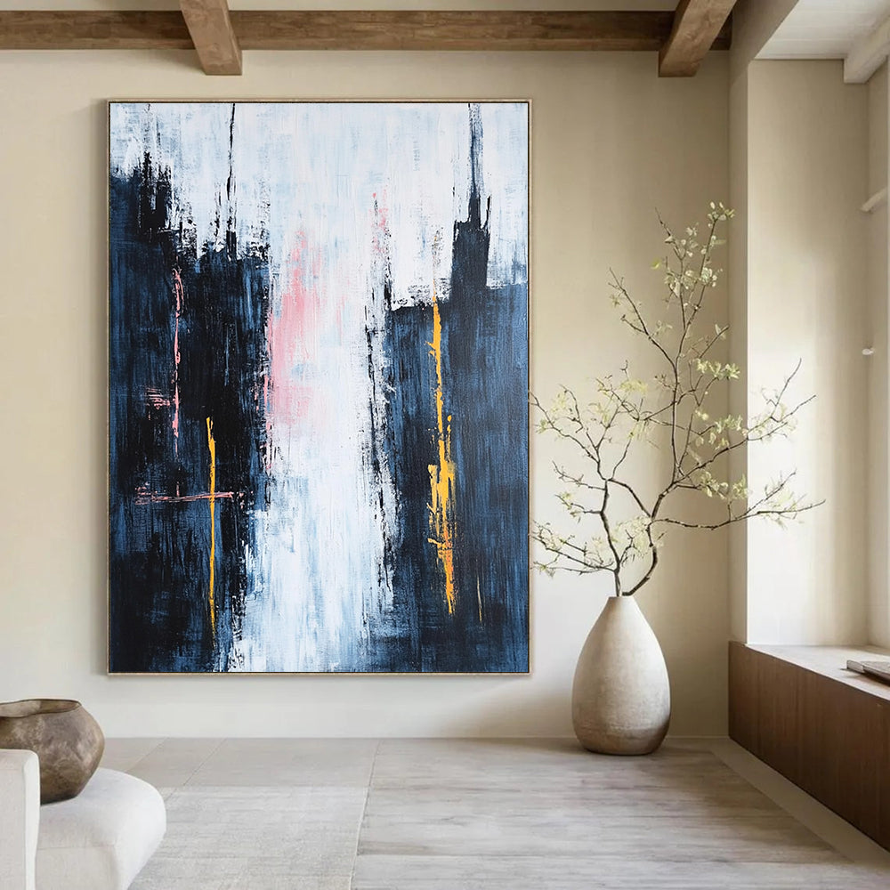 Contemporary hand-painted abstraction featuring dark blue spires against a white sky with pink clouds and vibrant yellow and orange accents in a minimalist style. DLZ0646