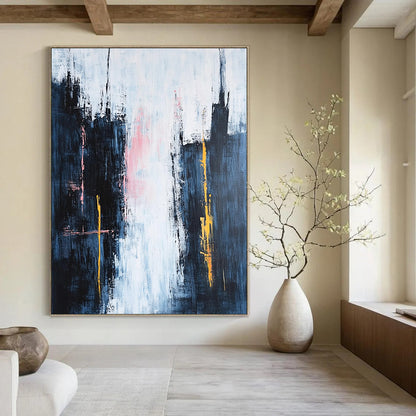 Contemporary hand-painted abstraction featuring dark blue spires against a white sky with pink clouds and vibrant yellow and orange accents in a minimalist style. DLZ0646