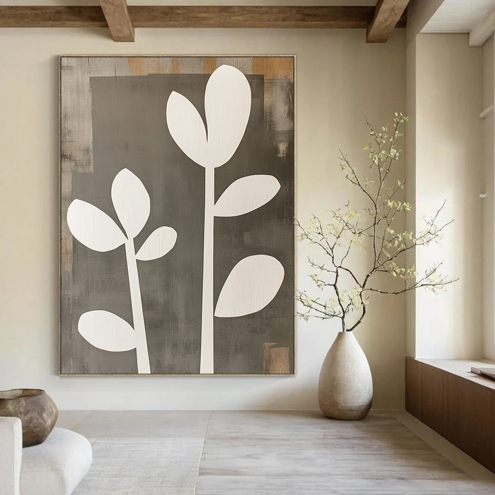 Contemporary abstract artwork featuring gray and white shapes with wooden cut-out flowers offers a striking visual statement for any space. DLZ0792