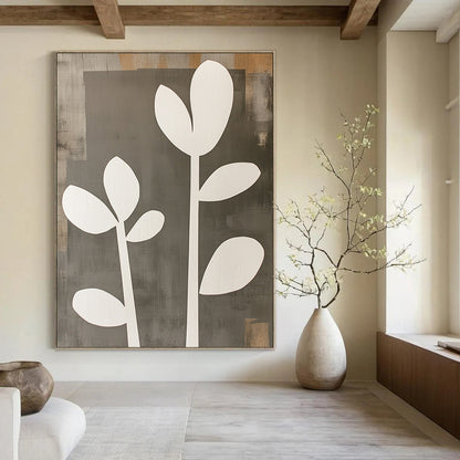 Contemporary abstract artwork featuring gray and white shapes with wooden cut-out flowers offers a striking visual statement for any space. DLZ0792