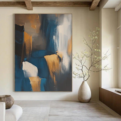 Contemporary abstract art depicting the Irish coast featuring dark blue and gold tones with expressive brush strokes and muted colors. DLZ1002