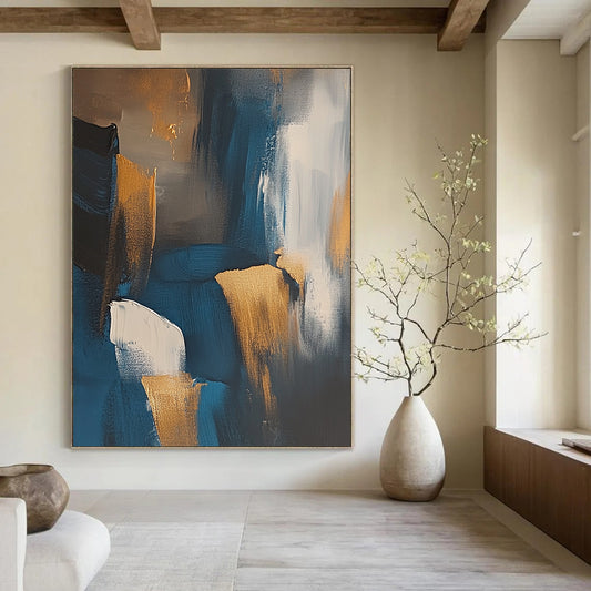 Contemporary abstract art depicting the Irish coast featuring dark blue and gold tones with expressive brush strokes and muted colors. DLZ1002