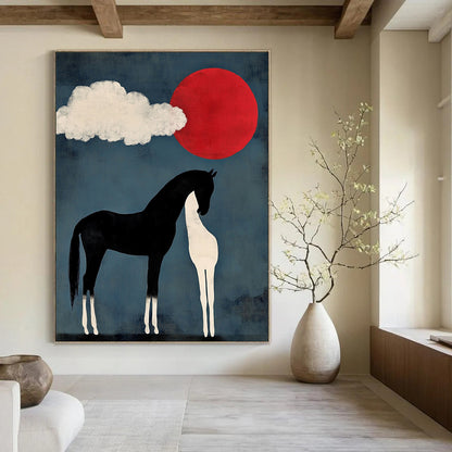 Contemporary abstract art featuring a black horse with white legs and tail beside a cloud shaped like two heads with a red sun setting in a blue sky. DLZ1147