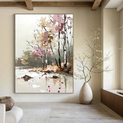 Contemporary abstract art features a soft palette knife technique with light pink and beige tones, showcasing trees by the river in a dreamy, blurred style. DLZ1113