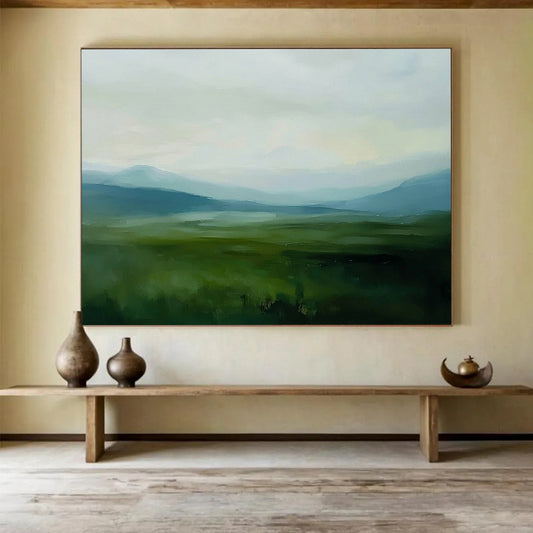 “Misty Green Valley” - Greens, Blues, Greys, Valley Landscape - Impressionist Oil Painting HB1576