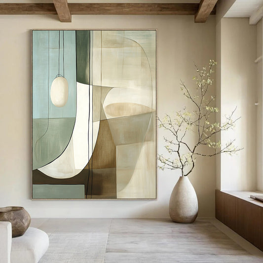 Contemporary large hand-painted abstract art featuring white and beige shapes with glass, reflections, and muted colors inspired by Robert Motherwell. DLZ1602