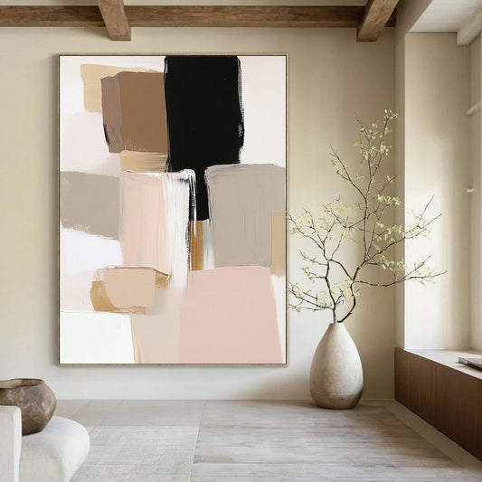 Contemporary abstract artwork featuring neutral tones with blush pink beige and sage green accents highlighted by thick brush strokes. DLZ0489