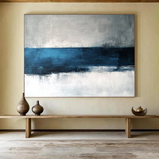 “Blue - Gray Horizon” - Blue, Gray, White, Minimalist Abstract Landscape Painting On Canvas HB1064