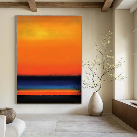 Contemporary abstract painting with rich orange and blue gradient creating a dusk horizon, featuring grainy texture for a vintage ambiance. DLZ0537