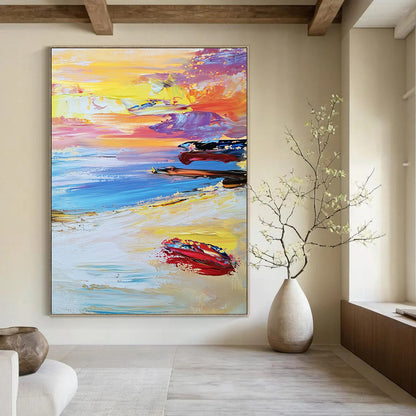 Contemporary abstract beach artwork features a vibrant sunset with colorful waves and boats under a dreamy pastel sky and soft white sand below. DLZ1504
