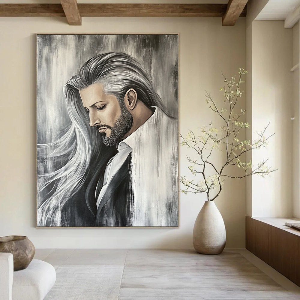 Contemporary hand-painted abstract art featuring a white horse with a flowing mane against a muted grey backdrop, capturing dynamic movement and elegance. DLZ1514