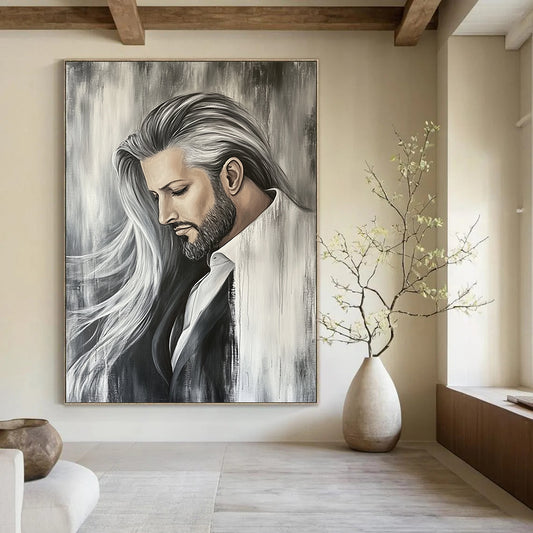 Contemporary hand-painted abstract art featuring a white horse with a flowing mane against a muted grey backdrop, capturing dynamic movement and elegance. DLZ1514