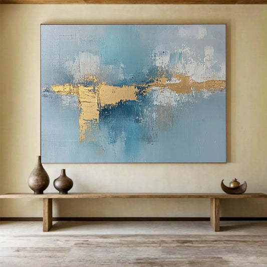 “Blue - Gold Abstract Stripes” - Blue, Gold, White with Textured Stripes - Abstract Acrylic HB1358