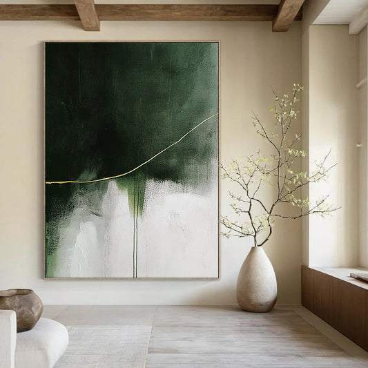 Contemporary abstract painting featuring a striking yellow line on a textured white and green background enhancing depth and visual impact. DLZ0847
